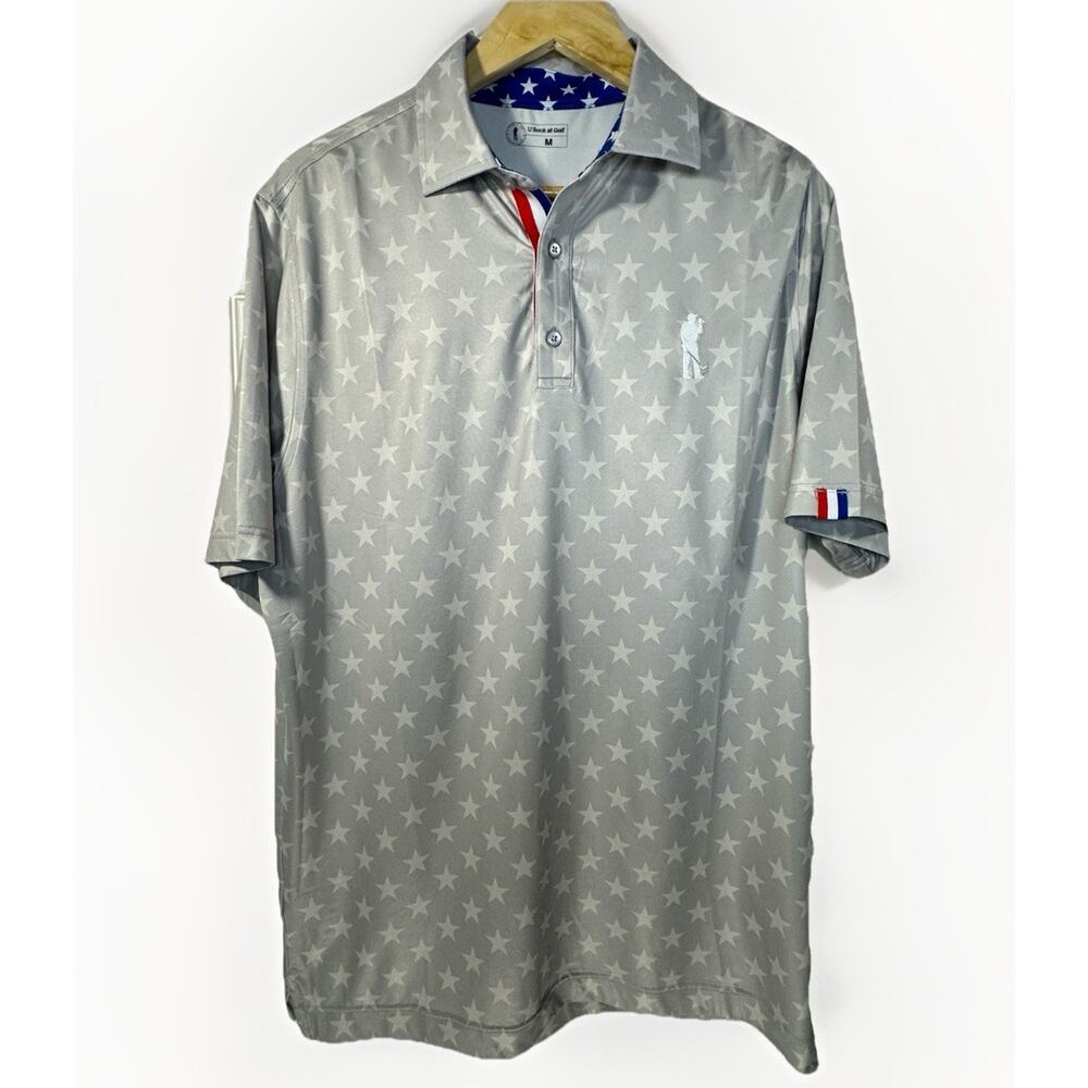 U Suck At Golf Polo Shirt Men Medium Grey Stars Patriotic Performance Stretch